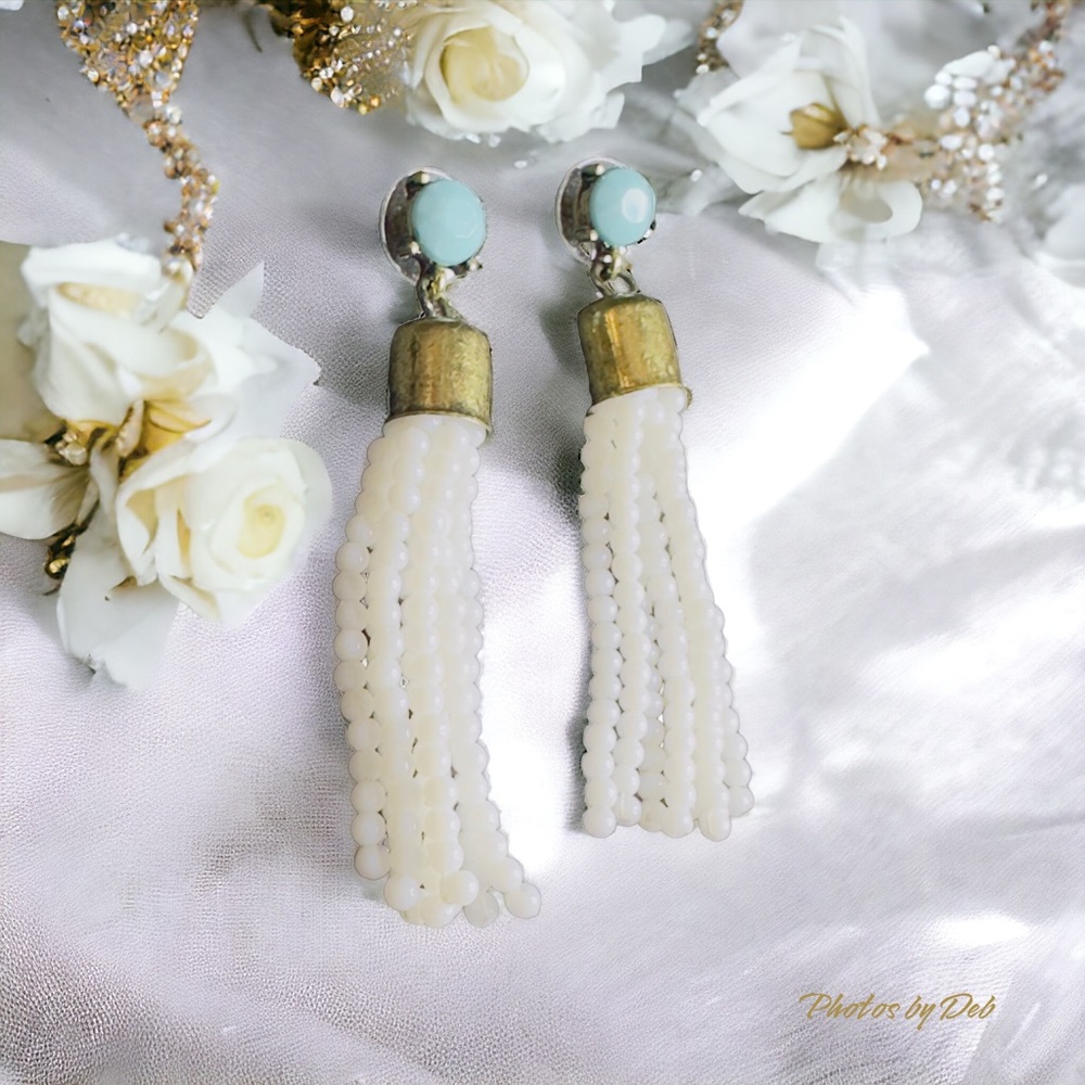 Vintage blue stone with beaded dangling tassels pierced earrings